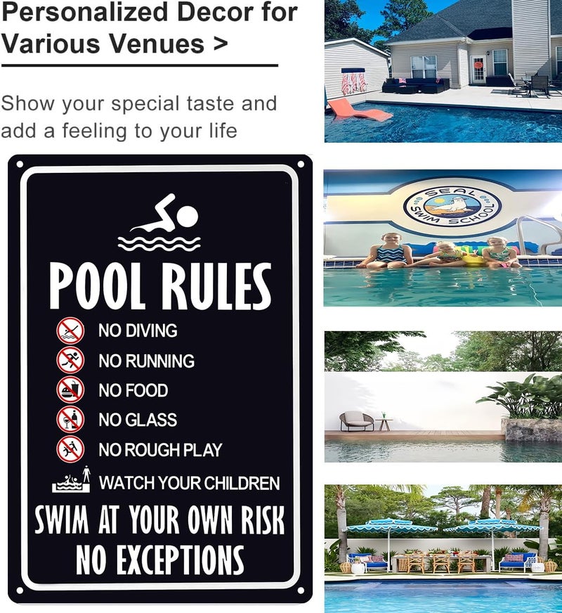 CrazySign Pool Rules Sign Warning Swim At Your Own Risk Vintage Tin Sign for Swimming Pool Water Park Beach Decor 8x12 Inches (3131) - Image 3